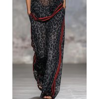 Summer Casual Outfits Female Leopard Print Stripe Contrast Color Two Piece Set for Women Short Sleeve Top & Wide Leg Pants