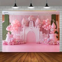 A princess castle-themed background fabric with pink balloons and floral arrangements - princess-themed party decoration