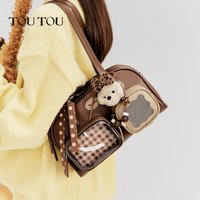 toutou leather multi pocket luxury designer handbag female shoulder underarm bag ita bag brown ribbon double-layer bowling bag