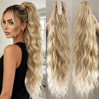 Synthetic 26Inch Water Wave Ponytail Fluffy Messy Claw Clip Ponytail Hair Extensions Black Blonde Heat Resistant Fiber For Women