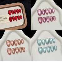10pcs Handmade Ins Simple Cat's Eye Press on Nails Solid Color Glass Beads Fake Nails Reusable Wearable Almond False Nail Tips