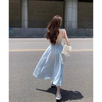 Summer New Female Square Neck Slip Maxi Dress Lady Blue Thin Backless A-Line Skirt Girls Casual Beach Vacation Dress