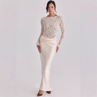 Elegant Lace Prom Dress Full Sleeved Slim Fit Satin Long Party Gown Formal Wedding Guest Birthday Evening Robe