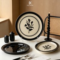 Retro Black White Ceramic Dinner Plate Vintage Calla Lily Floral Beaded Rim Oval Salad Plate Kitchen Tableware Gift Dish