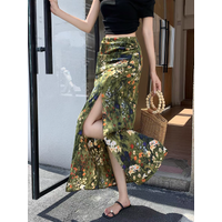 Women's 2026 Summer Vacation Floral Print Split Maxi Skirt – High Waist A-Line Flowy Long Skirt with Zipper, Draped & Versatile
