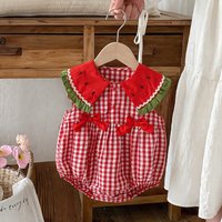 0-2Y Baby Girl Clothing Summer Bow Lapel Jumpsuit Newborn Red and White Checkered Pattern Romper Cotton Sleeveless Climbing Suit