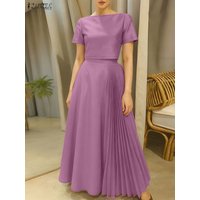 ZANZEA Fashion 2 Pieces Skirt Sets Women Elegant Boatneck Short Sleeve Crop Tops and Pleated Long Skirts Suits Woman Outfits 3XL
