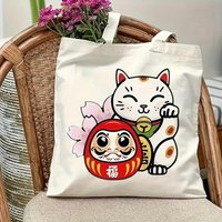 Kawaii Japanese Maneki Neko Daruma Graphic Tote Bag Women Shopping Bag Reusable Lucky Cat Shoulder Bag Harajuku Anime Handbags