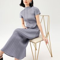 Miyake Pleated Dresses 2026 Summer New Elegant Lightweight Half-High Collar A-Line Long Dress Simple Casual Women's Clothing