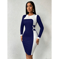 Women's Blue White Color Block Bodycon Dress - Long Sleeve Round Neck Midi Dress with Button Detail, for Office, Work & Formal