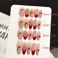10PCS Coffin/Oval Handmade Press On Nails, Red Charm Gentle Naked Pink Gradient Light Luxury,Suitable For Parties And Daily Wear