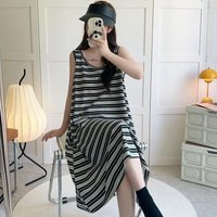 Sleeveless Striped Contrast Patchwork Casual T Shirt Dress New Women Clothing Summer Thin Loose Lazy Style Dresses Fashion Trend