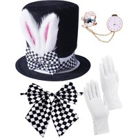 Easter White Rabbit Hat Set-Include Rabbits Ears Topper Plush Hat Clock Bowtie Cosplay Bunny Dress Up Costume Accessories