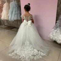 MisShow Wedding Flower Girl Dresses Lace Appliques O-Neck Sleeveless Kids Princess Dress Tulle Button-Back Bow Train Ball Gowns