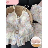 2026 New Women's Summer Sleepwear Short Sleeve Three-Piece Set with Chest Pad Cloud Cotton Strap Home Clothes Sweet Style