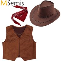 Boys Western Cowboy Vest Bandanna Hat Costume Set Halloween Dress Up Kids Fringed Jacket for Cosplay Party Carnival Theme Party