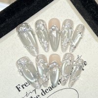 10 Stück fertige handgefertigte Nagelspitzen, nacktes Katzenauge, französische lange Mandel-Fake-Nagelkunst, Blumen-Strass-Design, zum Aufdrücken falscher Nägel