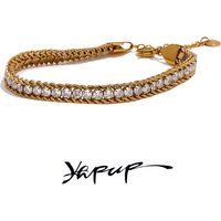Yhpup Shiny Cubic Zirconia Stainless Steel Chain Gold Color PVD Plated Bracelet Bangle for Women High Quality Jewelry Waterproof