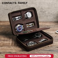 Vitrine de boîte de montre en cuir véritable avec poche porte-cartes, étui de collection de montre de voyage à fermeture éclair, étui de rangement à 4 emplacements