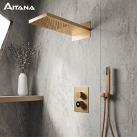 Brushed Gold Wall Mounted Shower Set LED Digital Display Hot Cold Water Mixer Tap Waterfall Spray Bathroom Rain Shower System