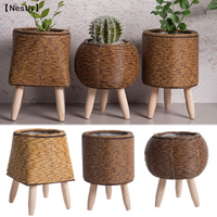 Imitation Rattan Woven Flower Shelf Planters Handmade Storage Basket With Removable Wooden Legs Plant Pot Stand Holder〔Nest〕