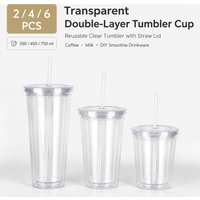 6/4/2pcs Transparent Double-layer Water Bottle Coffee Milk DIY Smoothie Cup Drinkware Reusable Clear Tumbler Cup With Straw Lid