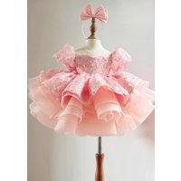 Custom Luxury Flower Girl Dress Wedding Gown Birthday Party Pageant Catwalk Puff Sleeve 3D Floral Sequin Tiered Tulle Dress فسات