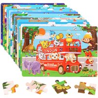 30Pieces Montessori Baby Toys Wooden 3d Puzzle Cartoon Animal Vehicle Cognition Wood Puzzle Learning Educational Toys for Kids