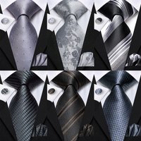 Hi-Tie New Smoke Grey Silk Tie For Men Elegant Mens Necktie Pocket Square Cufflink Groom Wedding Accessory Wholesale Designer