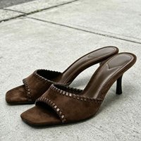 Fashion Leather Woven Design High-heeled Slippers for Women Retro Faux Suede Square Open Toe Slide Sandals Sandalias De Mujer