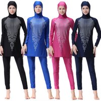 S-3XL Muslim Women Swimwear Burkini Modest Full Cover Hoodie 2-Piece Printed Islamic Swimsuit Solid Color Quick Dry