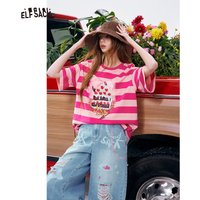 ELFSACK Women's Striped Cake Graphic Oversized T-Shirt, Cute Cherry Print Casual Tee, Y2K Aesthetic Short Sleeve Summer Top