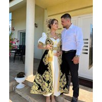 Customized Algerian Melhfa Evening Dress Women Two Pieces Velvet Gold Lace Applique Prom Party Algerian Outfits Karakou