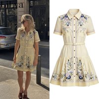 Elegant Hot Short Sleeve Shirt Collar Waist Dress Women Floral Print Pleated Chic Daily Casual Streetwear A Line Dress Woman