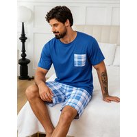 Men's Stylish Pajama 2Pcs Pajama Set Short Sleeve Blue Shirt with Plaid Shorts Men Set Sleepware Loungewear Can Be Worn Outside