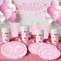 Pink Bow Birthday Party Supplies Tableware Cups Plates Napkins Balloon Set Gift Bags Banner Bow Theme Birthday Party Decoration