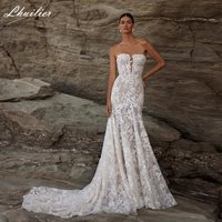 Lhuillier Customized Strapless Lace Mermaid Wedding Dresses Sleeveless Beaded Bridal Dress with Chapel Train