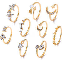 Fashion Minimalist Heart Rhinestone Ring Set for Women Stars Moon Leaf Zircon Design Twist Knuckle Rings Daily Wear Jewelry Gift