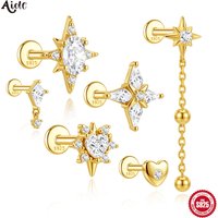 Aide S925 Sterling Silver Starburst CZ Stud 18K Gold Plated Dangle Cartilage Earrings for Women Trendy Ear Stacking Jewelry 1pc