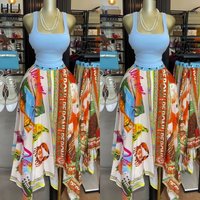 HLJ Boho Women Colorful Graphic Print Asymmetric Skirt High Waist Elastic Waist Flowy Irregular Hem Midi Skirt Summer Vacations