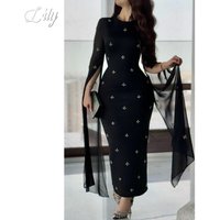 Lily Black Satin Crystal Evening Dress O-Neck Regular Sleeve Trumpet Glitter Evening Gown فساتين السهرة Customized