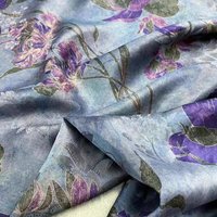 25MM Purple Floral Printed Blue Gambiered Guangdong Silk Fabric for Summer Dress Skirt Shirt Blouse Fabric for DIY Sewing R2012