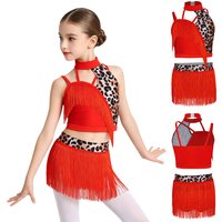 Kids Girls Printed Latin Jazz Dance Outfit Asymmetrical Tassel Vest with Fringed Skirt Sets for Tango Salsa Stage Performance