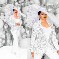 Shiny Beaded Women Blazer Suits 2 Pieces Crystal Floral Appliques African Jacket Customized Wide Leg Pants Casual Party Dress