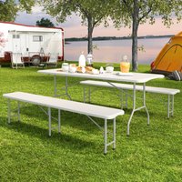 Portable 6FT Dining Garden Table with 2 Benches, Foldable 6FT Trestle Catering Heavy Duty Folding Table with 2 Benches, Indoor & Outdoor Multi-Purpose Picnic BBQ Party Table and Benches Set