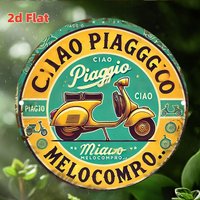 2D Flat - Vintage Ciao Piaggio Metal Wall Sign - 20.32cm Round, Waterproof & Dustproof, Classic Italian Scooter Design with "MIA