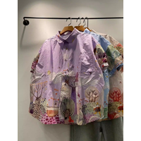 Bust 120cm original design pure cotton oversized shirts for women summer Japan fashion cartoon print shirts long sleeve blouses