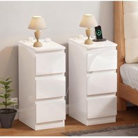 Set of 2 Slim Bedside Table 3 Drawers Cabinet Nightstand with Charging Station, 25CM Small Narrow Side Table End Table Wood wit