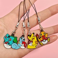 4Pcs Cute Anime Pokemon Enamel Phone Charm Keychain Pikachu Charmander Squirtle Bulbasaur Phone Lanyard Pendant Jewelry Gift