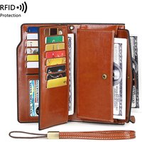 RFID retro large capacity long wallet Solid color multi-card women's purse Multi-function zipper wallet with wrist strap